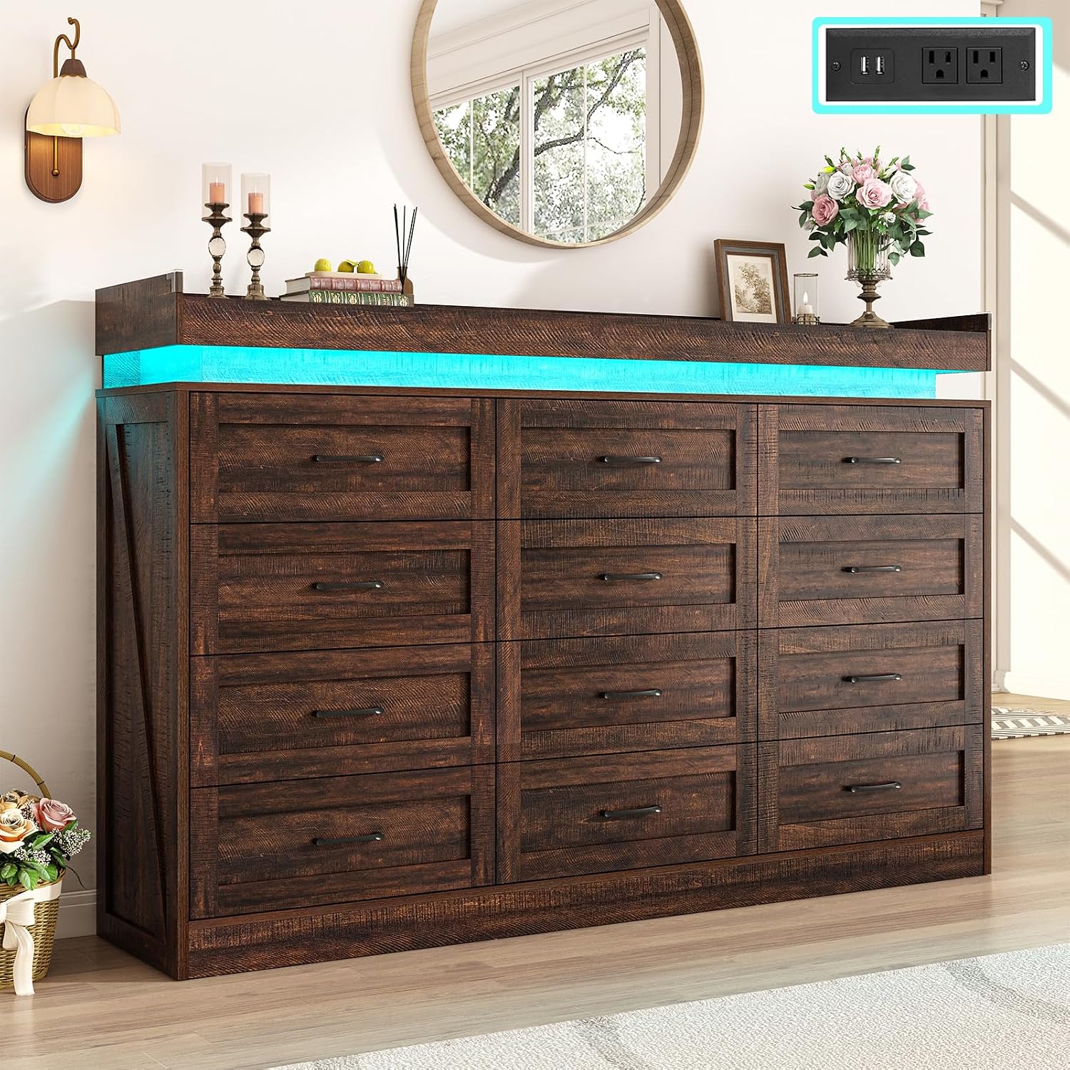 71' Wide 46' Tall Large Farmhouse 12 Drawers Dresser for Bedroom with LED Light and Power Outlets,Wood Rustic 12 Chests of Drawers for Closet,Tall Storage Dresser Organizer for Bedroom(Brown)