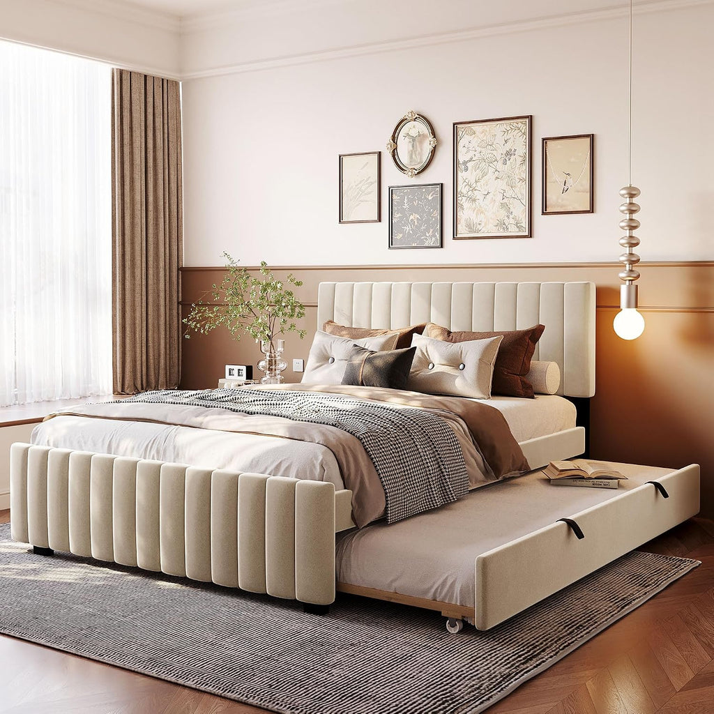 VilroCaz Modern Queen Size Velvet Upholstered Platform Bed with Twin Size Trundle Bed, Channel Tufted Headboard and Footboard, Sturdy Slats Support (Beige-5.25)