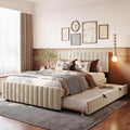 VilroCaz Modern Queen Size Velvet Upholstered Platform Bed with Twin Size Trundle Bed, Channel Tufted Headboard and Footboard, Sturdy Slats Support (Beige-5.25)