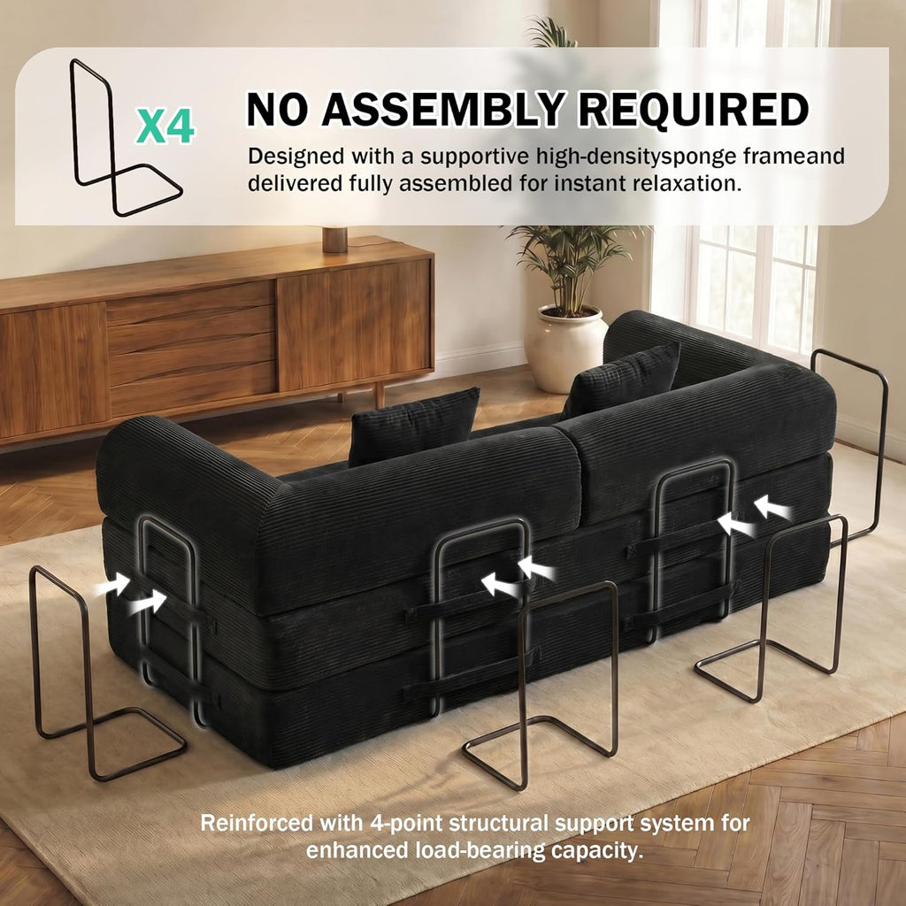 79'' Convertible Sofa Bed, 5-in-1 Folding Sleeper Couch with Pull Out Bed, Corduroy Modular Floor Sofa for Living Room Apartment Dorm, No Assembly Space Saver (Black)