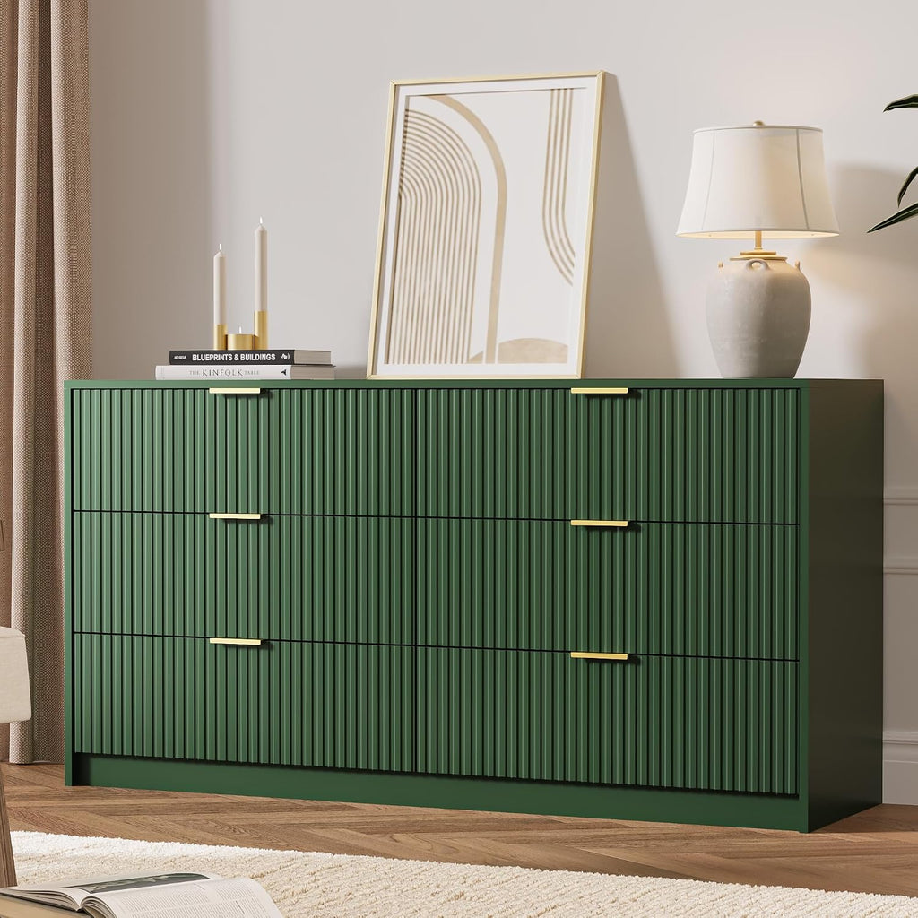 MAISONARIA Green 6 Drawer Dresser for Bedroom, 55' Wide Modern Chest of Drawers with Gold Metal Handles, Fluted Wood TV Stand for Living Room, Hallway