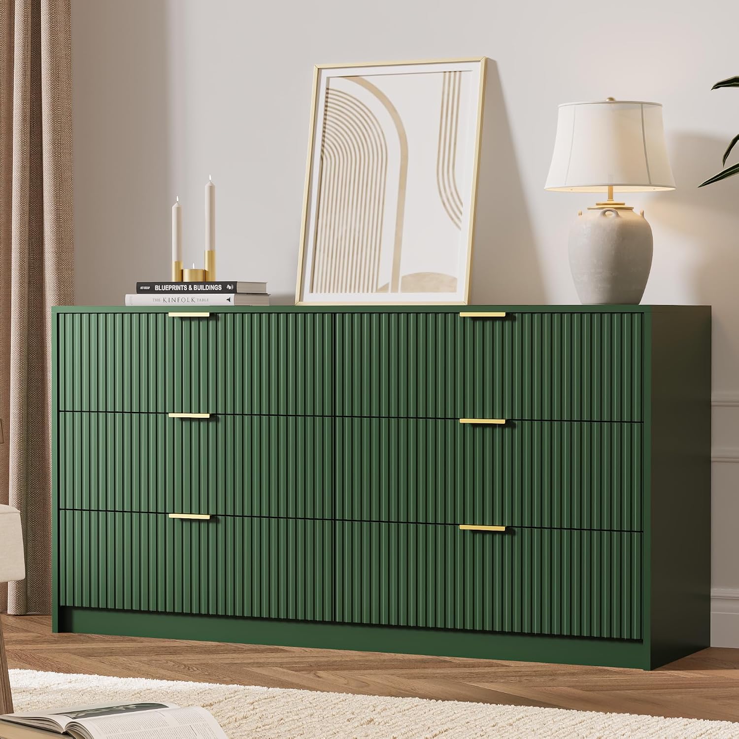 MAISONARIA Green 6 Drawer Dresser for Bedroom, 55' Wide Modern Chest of Drawers with Gold Metal Handles, Fluted Wood TV Stand for Living Room, Hallway