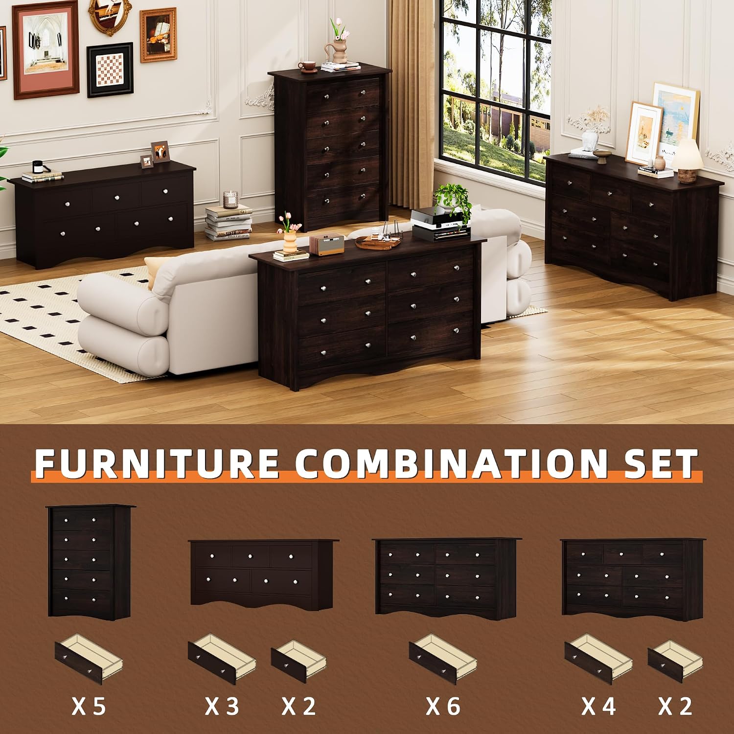 Flamaker Dresser for Bedroom, 6 Drawer Dresser, 47.2'' Wood Dressers, Wide Chest of Drawer, Storage Drawers, Storage Organizer for Closet, Hallway (Brown)