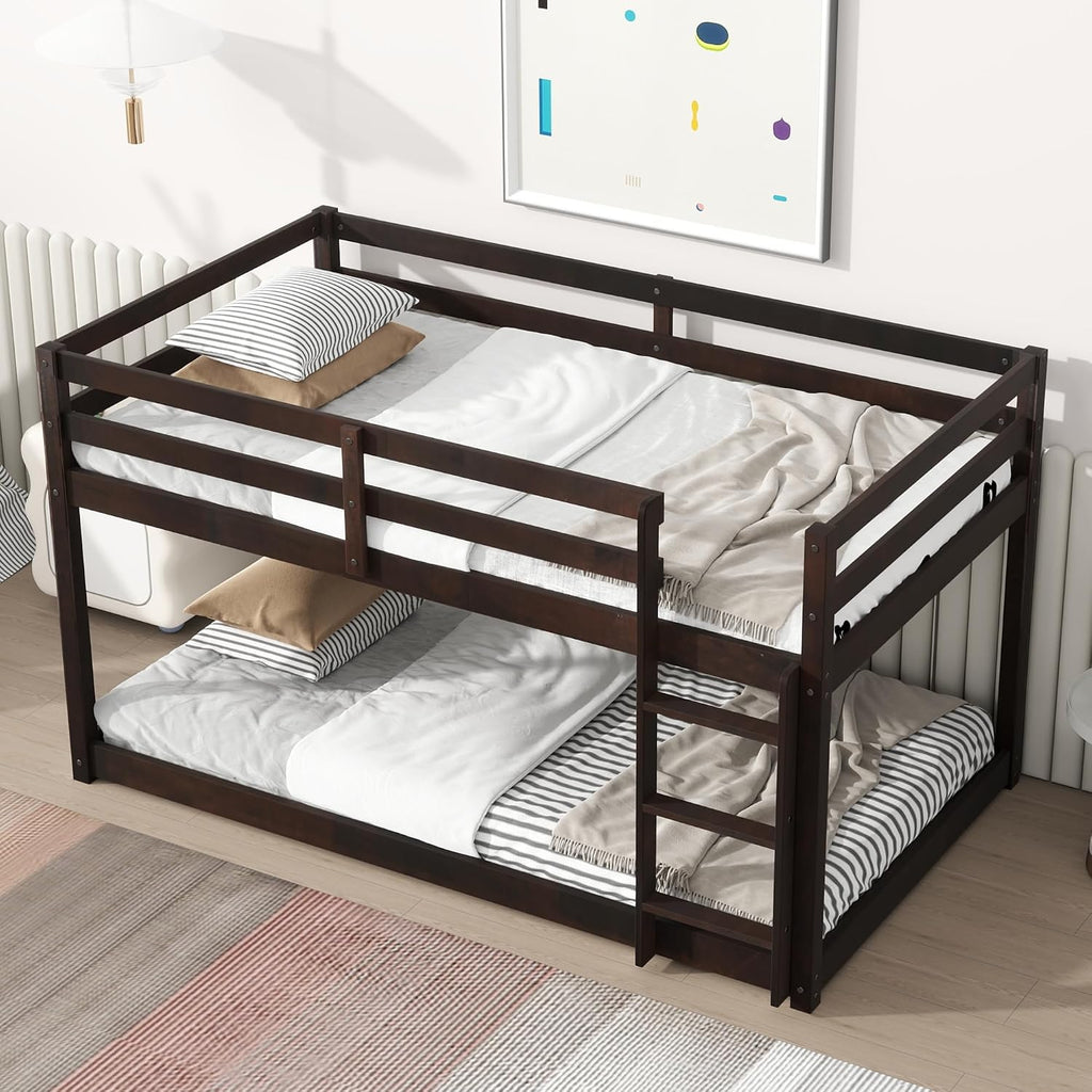 Ball & Cast Solid Rubber Wooden Twin Over Twin Bunk Bed with Ladder and Full Length Guardrail,Low Bunkbed w/Slat Support,Bedroom Furniture for Girls Boys,Espresso