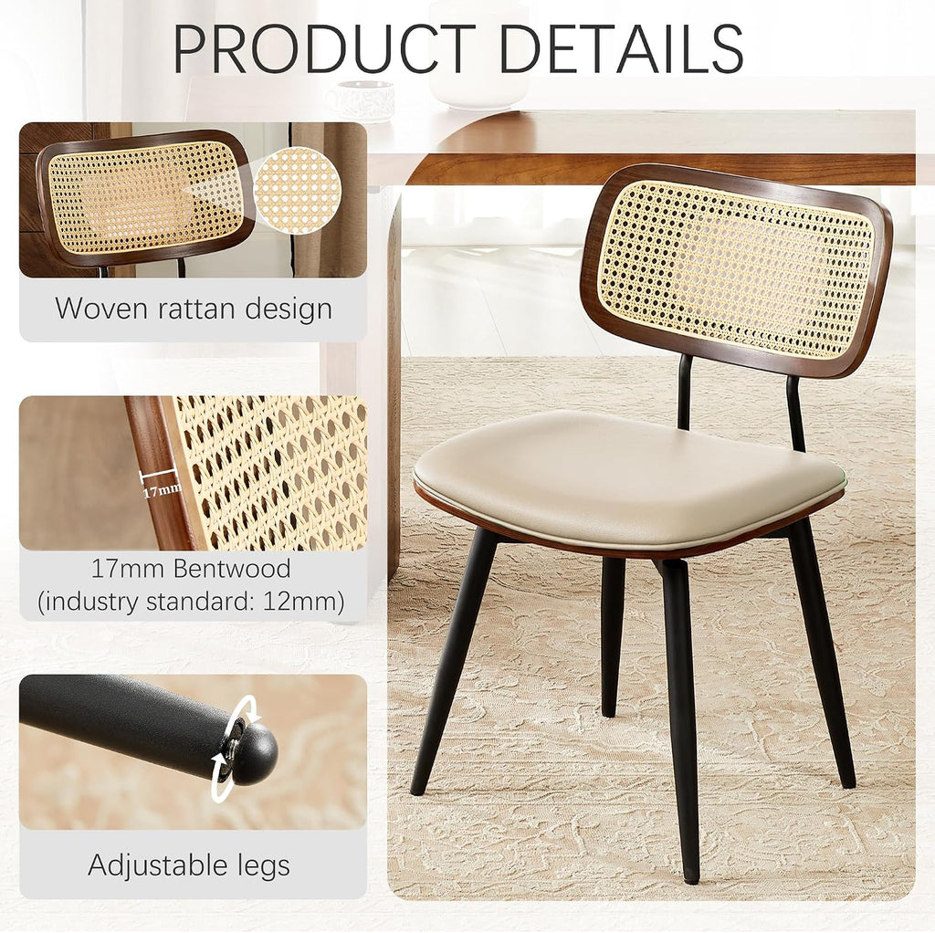 Dining Chairs, Swivel Dining Chairs Set of 6, Faux Leather & Rattan Walnut Dining Room Chairs, Bentwood & Metal Frame Upholstered Chairs with 360°Rotation, Modern Kitchen/Living Room Chairs (Beige)