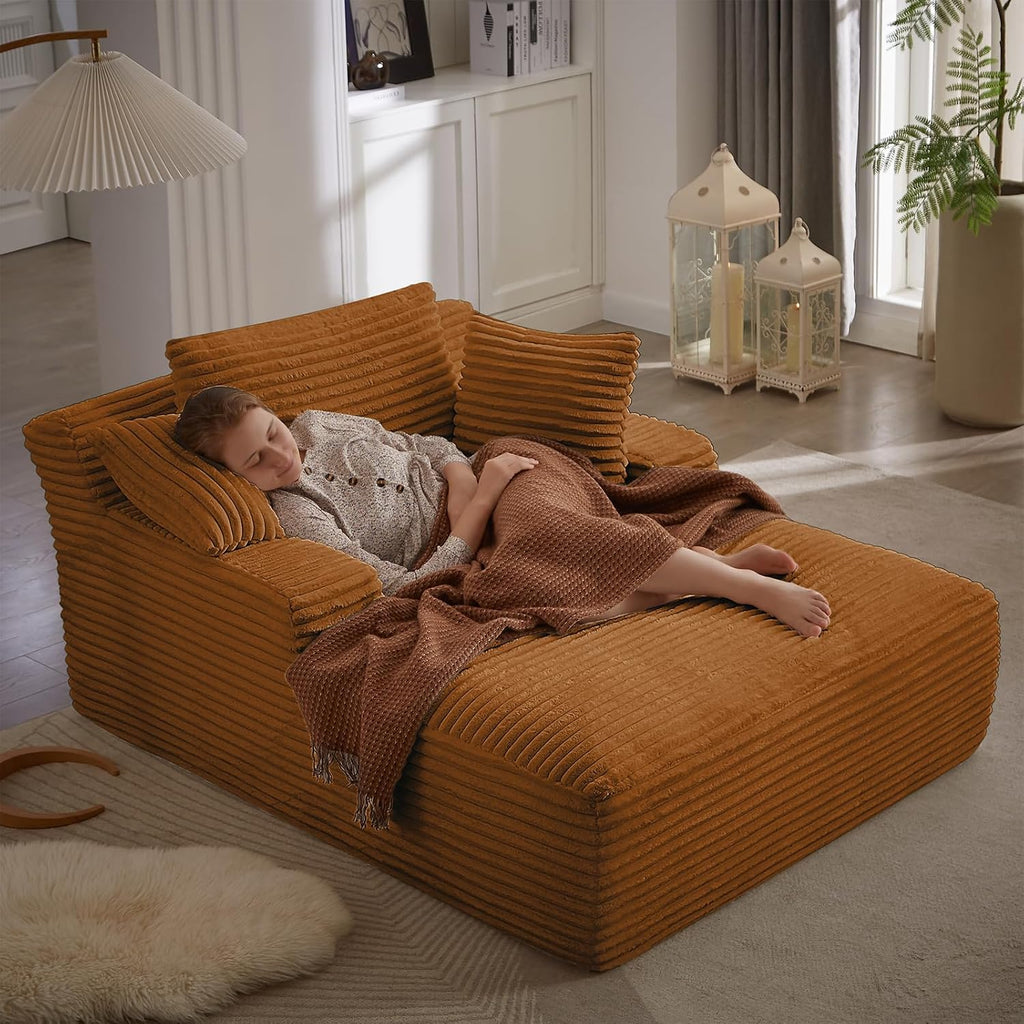Oversized Chaise Lounge Chair Indoor, 66' Cloud Boneless Sleeper Couch Corduroy Upholstered Sofa Bed Deep Seat Comfy Reading Chair with 3 Pillows for Living Room Bedroom, Orange