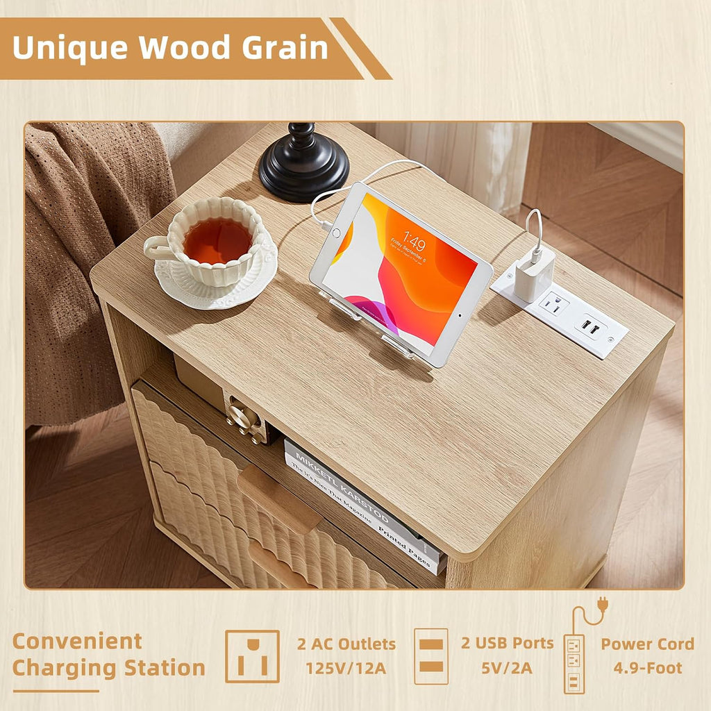 LEYAOYAO Fluted Nightstand with Charging Station, 23' Wide 2 Drawers End Table, Natural Night Stand with Open Storage Cabinet, Farmhouse Bed Side Tables, Wood Dresser for Bedroom, Living Room, Closet