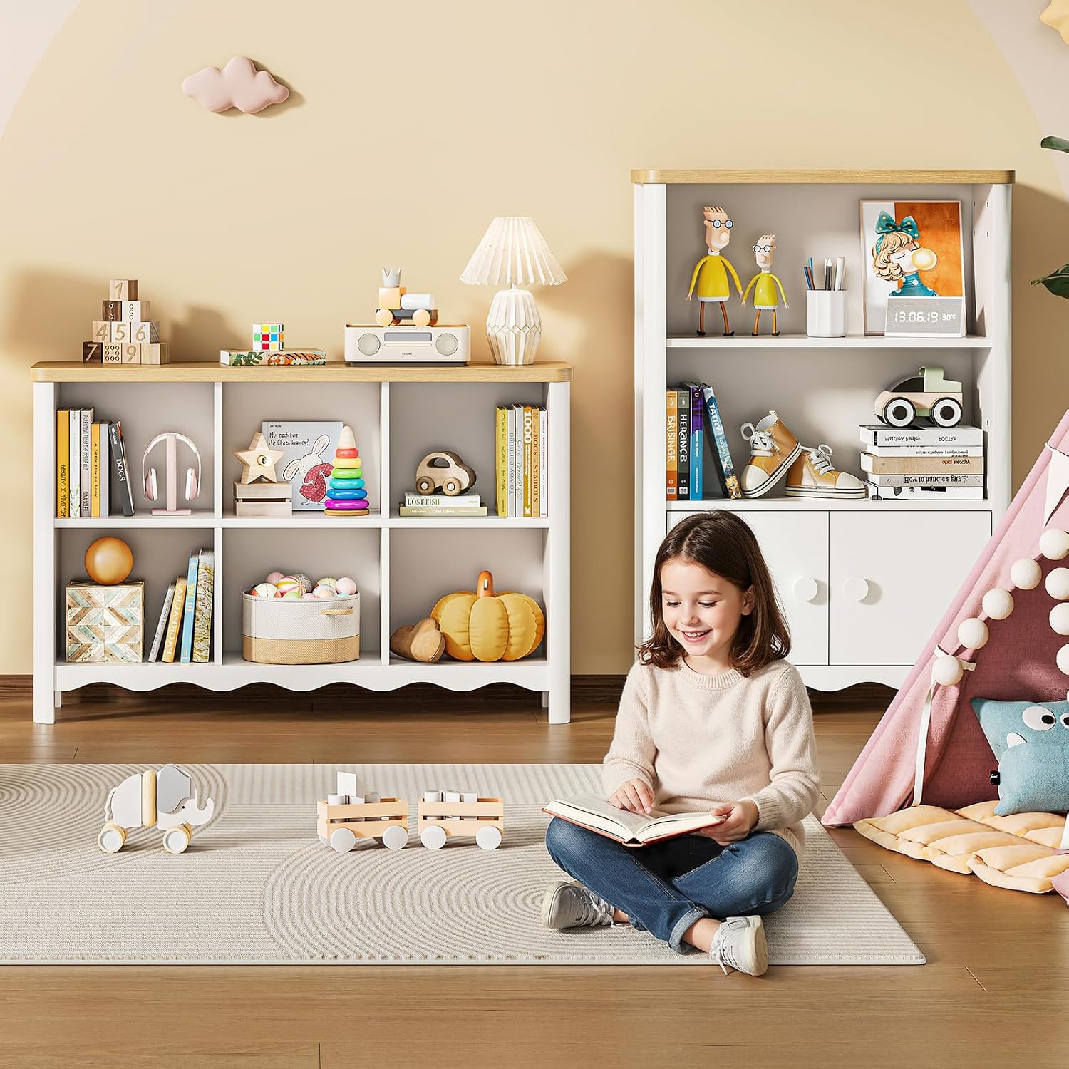 ONBRILL 6 Cube Storage Organizer Shelf, Bookshelf and Toy Storage Organizer for Kids Rooms, Small Book Shelf for Child, Display Cabinet Bookcase for Living Room, Study Room, Office (White and Nature)