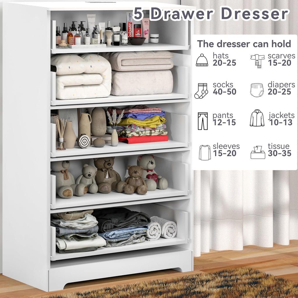 GEPELCN Dresser for Bedroom with Power Outlets Wood 5 Drawer Dresser with Large Storage Space White Chest of Drawers with Smooth Metal Rail Tall Storage Organizer for Bedroom Living Room Closet