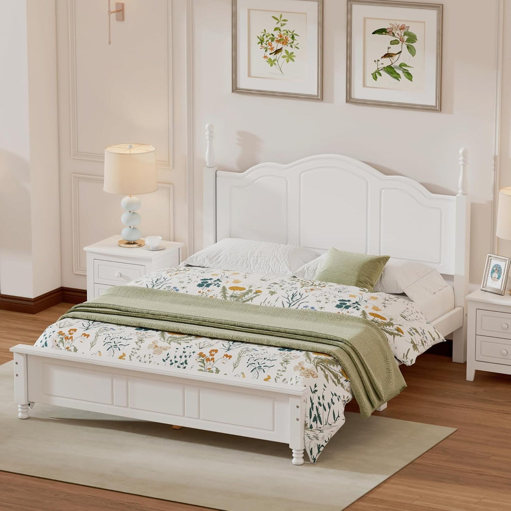JIVOIT Wood Queen Bed Frame with Headboard and Footboard, Retro Style Platform Bed with Wooden Slat Support, Solid Wood Foundation, Queen Size Wooden Bed Frame (White, Queen Bed, 1)