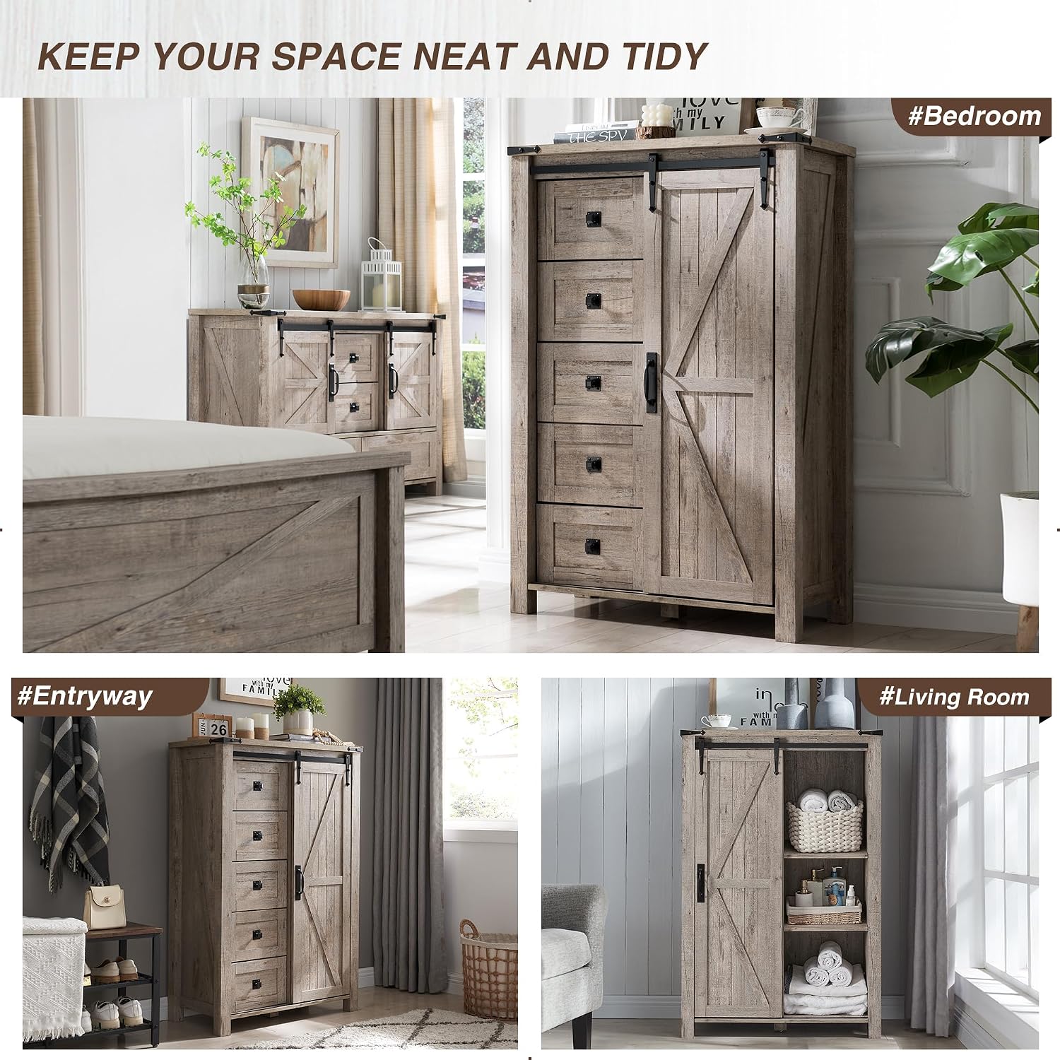 T4TREAM 5 Drawers Dresser for Bedroom w/Sliding Barn Door, Farmhouse Modern Tall Dresser 5 Chest of Drawers, Storage Organizer for Bedroom, Hallway, Living Room, Kids Room, Light Rustic Oak