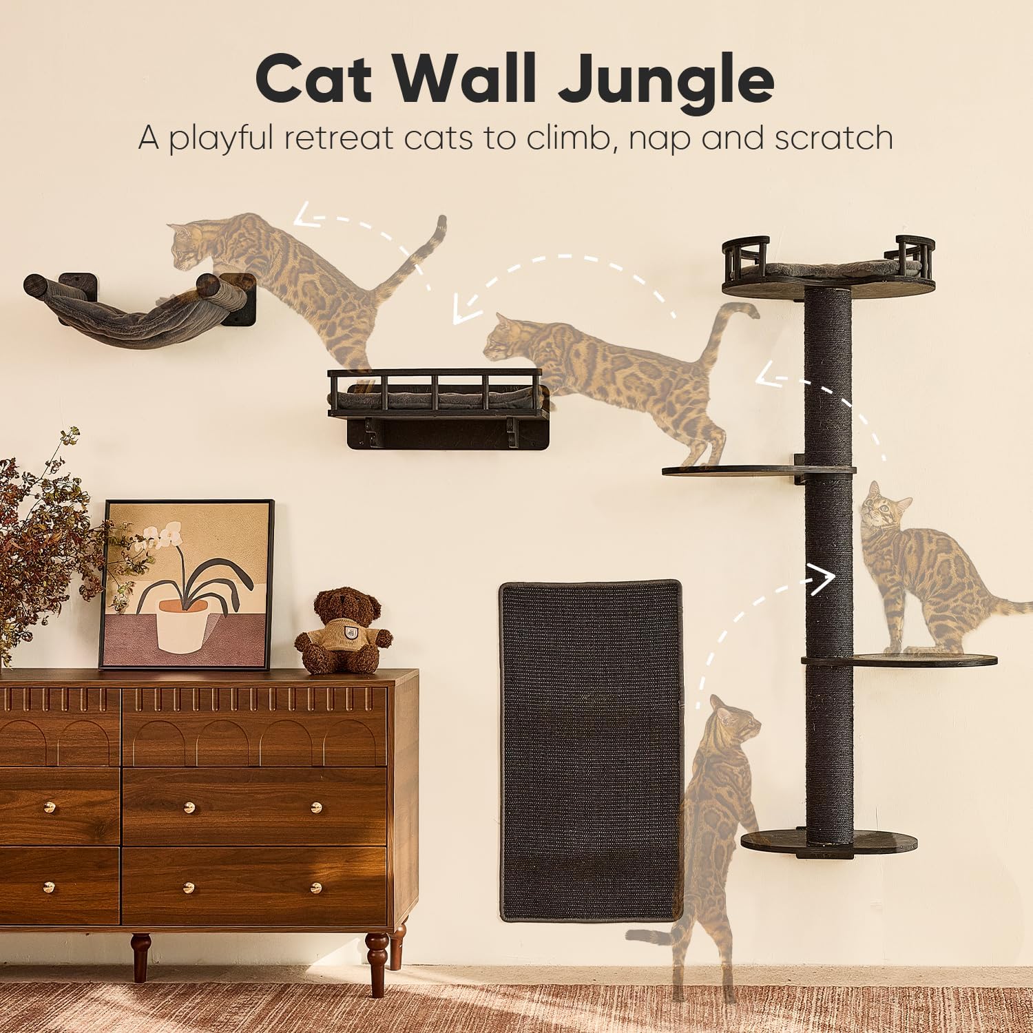 FUKUMARU Cat Wall Shelves, 4 in 1 Stable Wooden Wall-Mounted Furniture Set, Climbing Tree with Hammock, Bed, Perch and Scratching Mat (Black)
