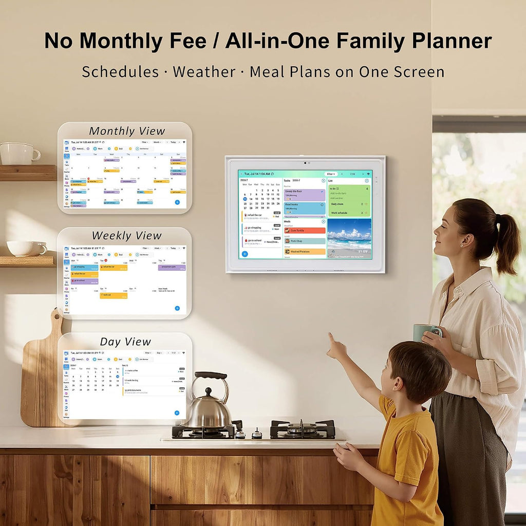 12.3-inch Digital Calendar Touchscreen for Family Kitchen Hub with Video | Calling No Subscription Fees, Real-Time Calendar Sync, Chore Charts, Meal Planner, Privacy Shutter, Wall and Desk Mountable