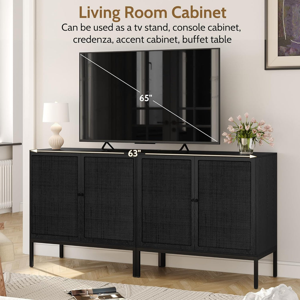 Yechen Full Black Rattan Cabient, Boho Sideboard Cabinet with Natural Rattan Decorated Doors, 31.5' W Accent Cane Credenza Buffet Console Storage, for Living Room Entryway Kitchen, Metal Legs/Set of 3