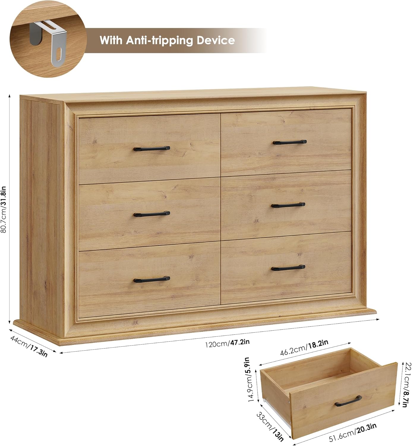HIFIT Farmhouse 6 Drawer Dressers, 47.2' Wide Chest of 6 Drawers, Oak Double Dressers, Storage Organizer Cabinet for Living Room