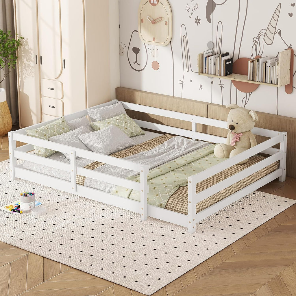 Modern Classic Full Size Bed Frame with Fence, Sturdy Wood Montessori Floor Bed for s, Boys, Girls, Dorm, Bedroom, House, Easy to Assemble, Noise-Free Design, No Box Spring Needed,White-Fu
