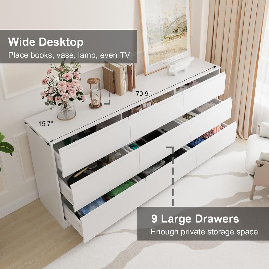 Bobve 70.9' Dresser for Bedroom with 9 Drawers, Large Modern Chest of Drawers with Deep Drawers, Wide Double Dresser Handle Free, Storage Organizer for Bedroom, Living Room, Hallway (White)
