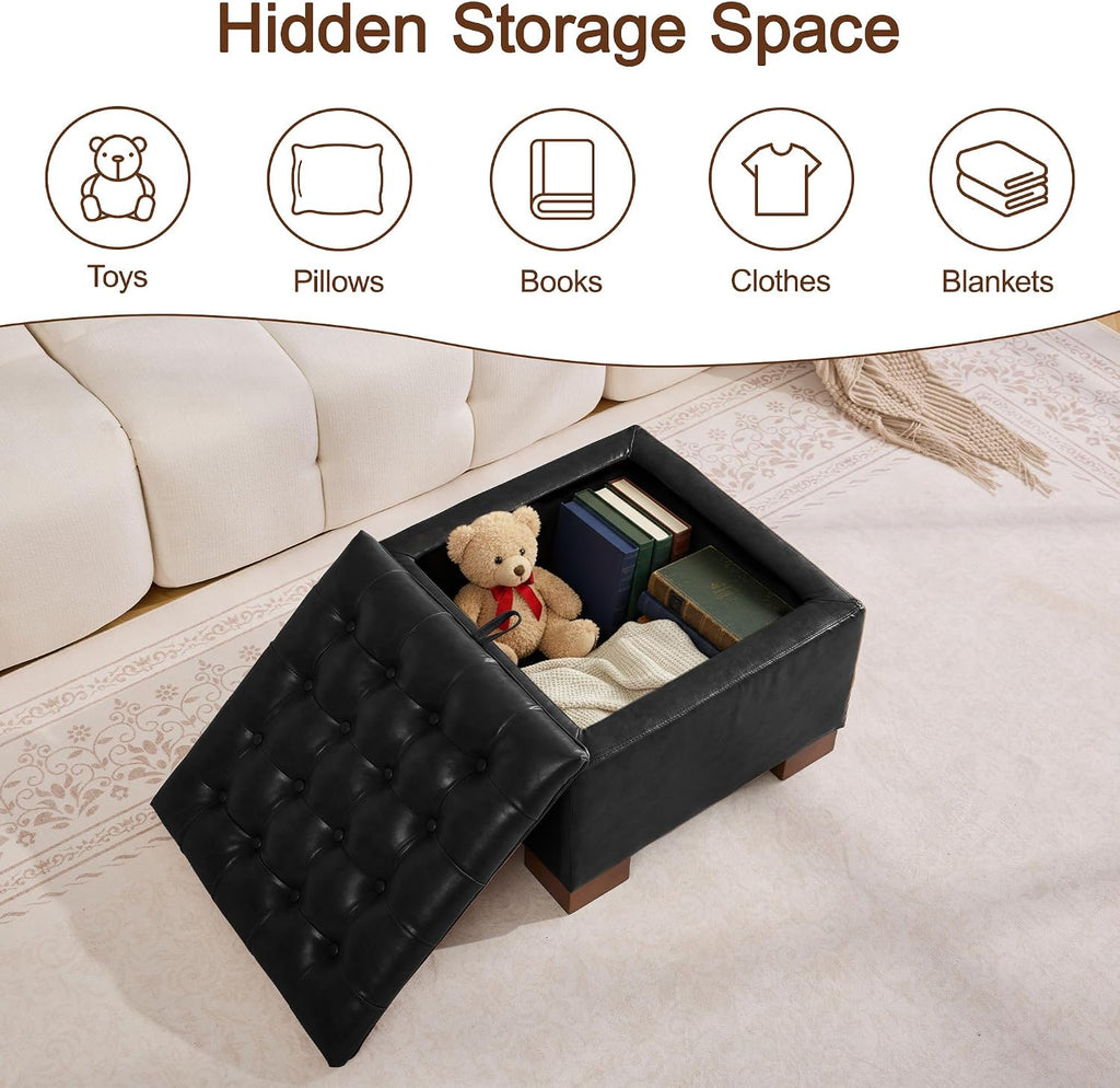 WUTUTUEE 24' Faux Leather Square Storage Ottoman with Wooden Tray, Modern Tufted Button Footstool Coffee Table, Upholstered Small Ottoman for Living Room, Bedroom, Black