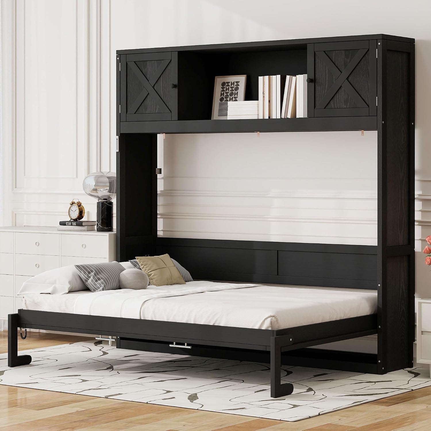 Harper & Bright Designs Full Size Murphy Bed, Wood Hidden Foldable Wall Bed Frame with Storage Cabinet for Bedroom, Office, Space-Saving, Black