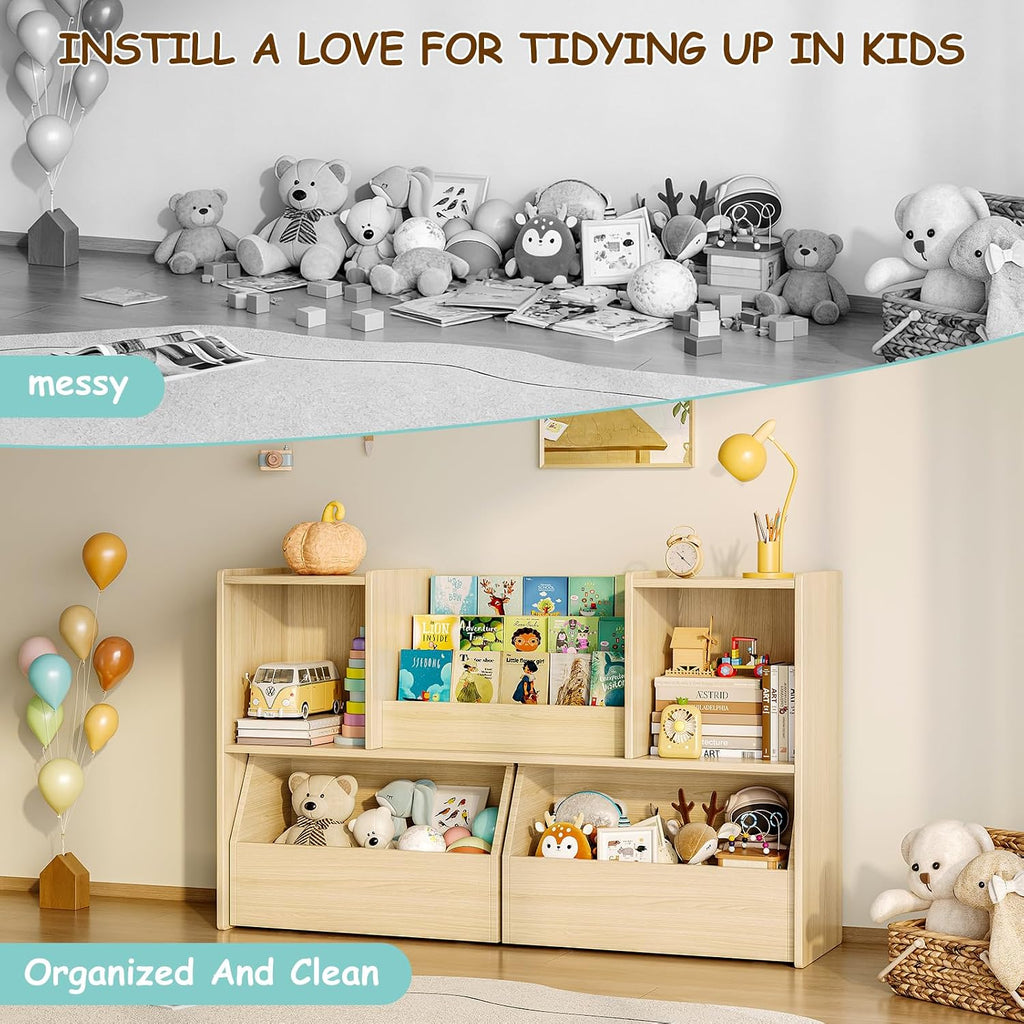 EXPERLAM Solid Wood Kids Bookshelf and Toy Storage Organizer, 3-in-1 Montessori Bookcase with Storage Cubbies and 2 Rolling Toy Bins, Toddler Bookshelf for Kids Room, Playroom, Nursery