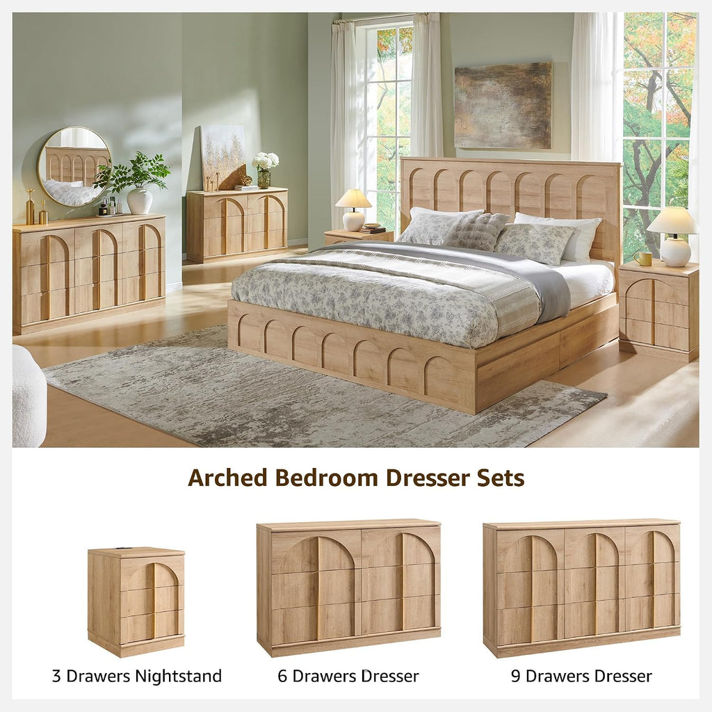 ACCOHOHO Arched Dresser for Bedroom with 9 Drawers, 52' Wide Modern Chest of Drawers with Rounded Edge & Metal Handles, Wood Storage Closet Dressers TV Stand for Living Room, Hallway, Natural Oak