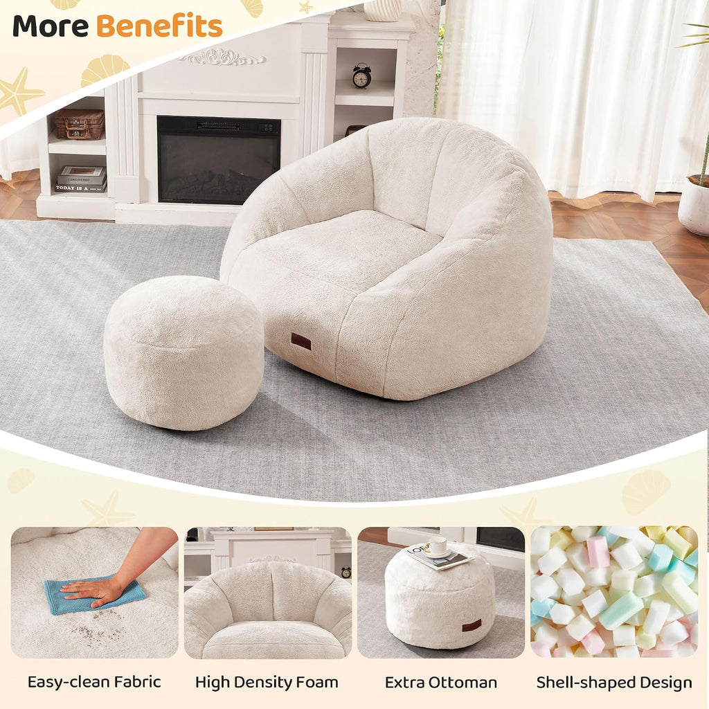 HABUTWAY Bean Bag Chair, Giant Bean Bag Chairs for Adults with Ottoman, Comfy Faux Fur Shell-Shaped Bean Bag Couch, Sofa Chair for Living Room, Bedroom, White