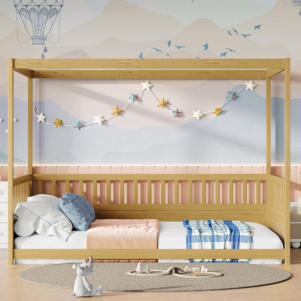 Full Size Canopy Bed Frame with Guardrails,Floor Bed Full with Four Poster Design,Montessori Floor Bed,Wood Canopy Bed Frame for Girls,Boys(Full,Natural)