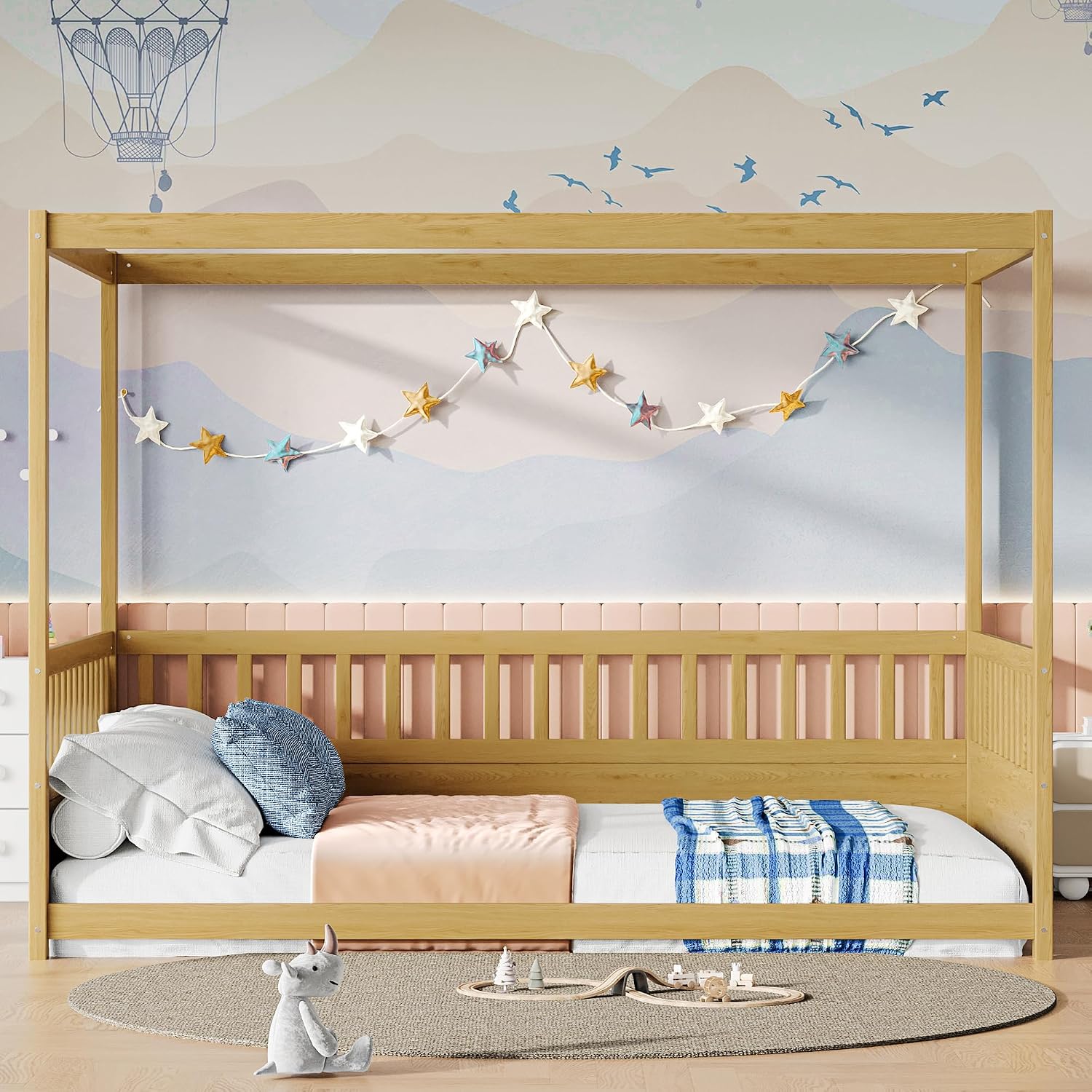 Full Size Canopy Bed Frame with Guardrails,Floor Bed Full with Four Poster Design,Montessori Floor Bed,Wood Canopy Bed Frame for Girls,Boys(Full,Natural)