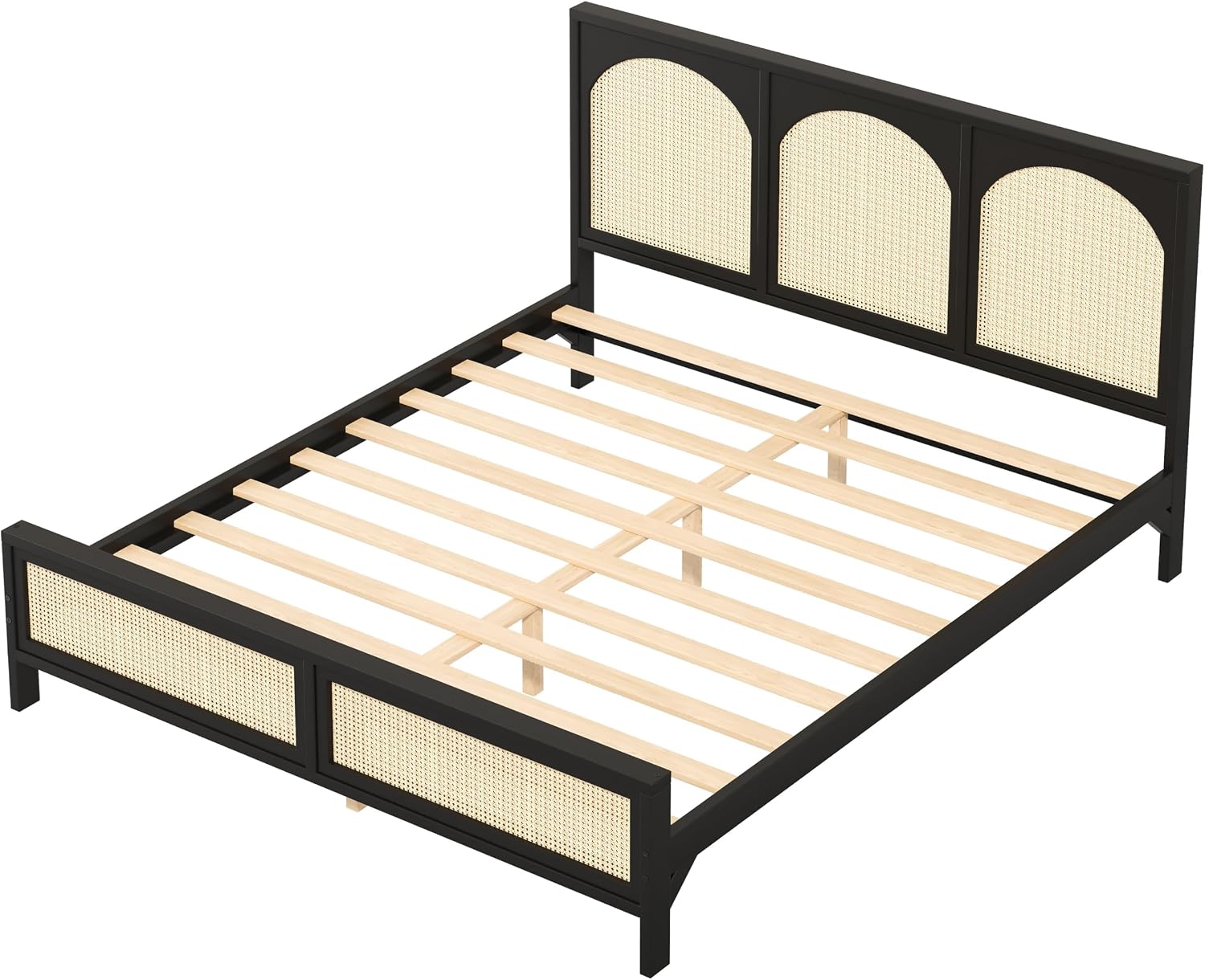 JIVOIT Queen Size Platform Bed with Rattan Headboard and Footboard, Wood Platform Bed Frame with Wood Slats Support, No Box Spring Needed, Easy Assembly (Black+Beige,Queen)