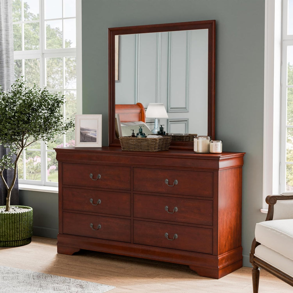 Furniture of America Arabella Traditional Wooden 6 Drawer Dresser with Mirror, Vintage Bedroom Set, Accent Vanity Dressing Table with Antique Nickle Handles for Dressing Room, Walk-in Closet, Cherry
