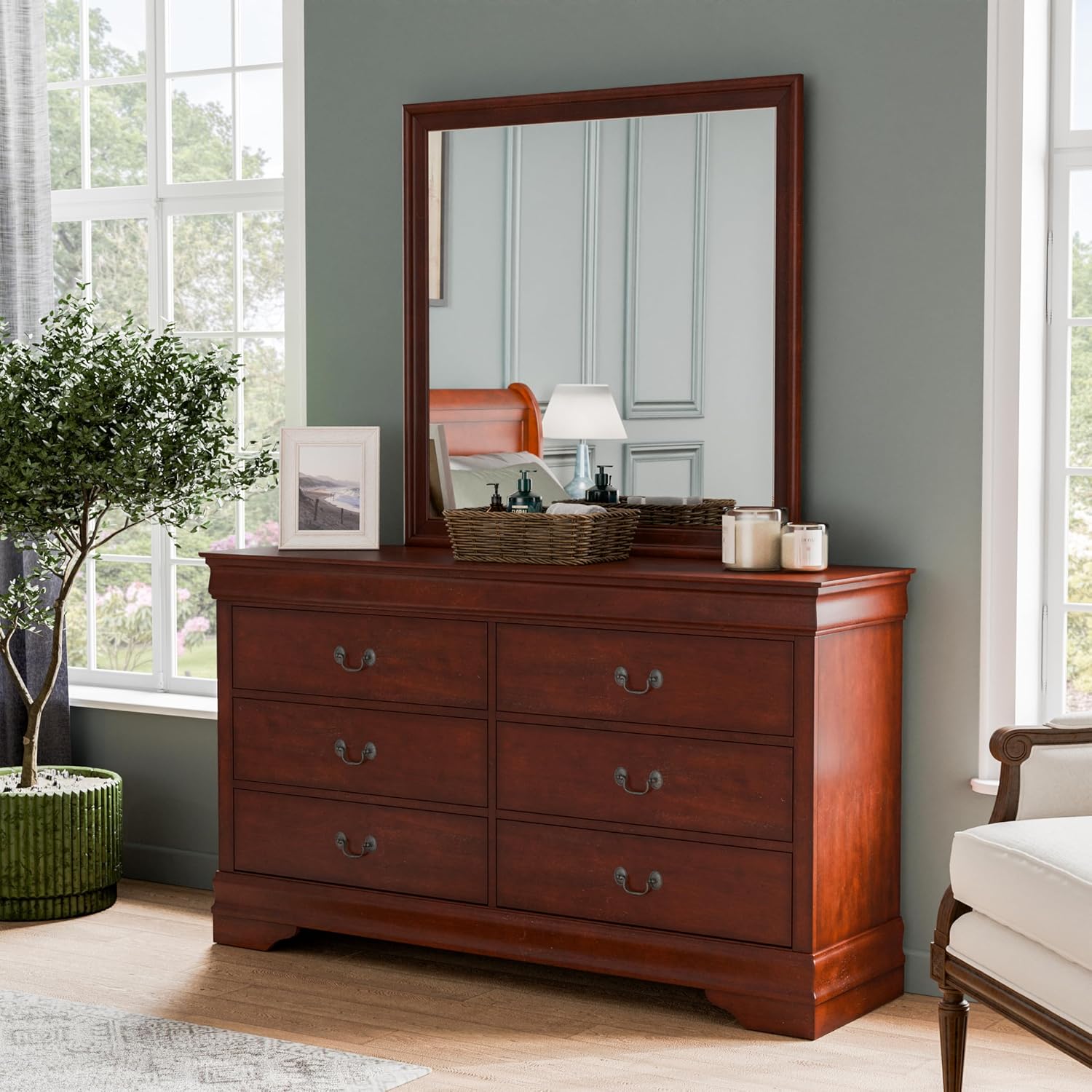 Furniture of America Arabella Traditional Wooden 6 Drawer Dresser with Mirror, Vintage Bedroom Set, Accent Vanity Dressing Table with Antique Nickle Handles for Dressing Room, Walk-in Closet, Cherry