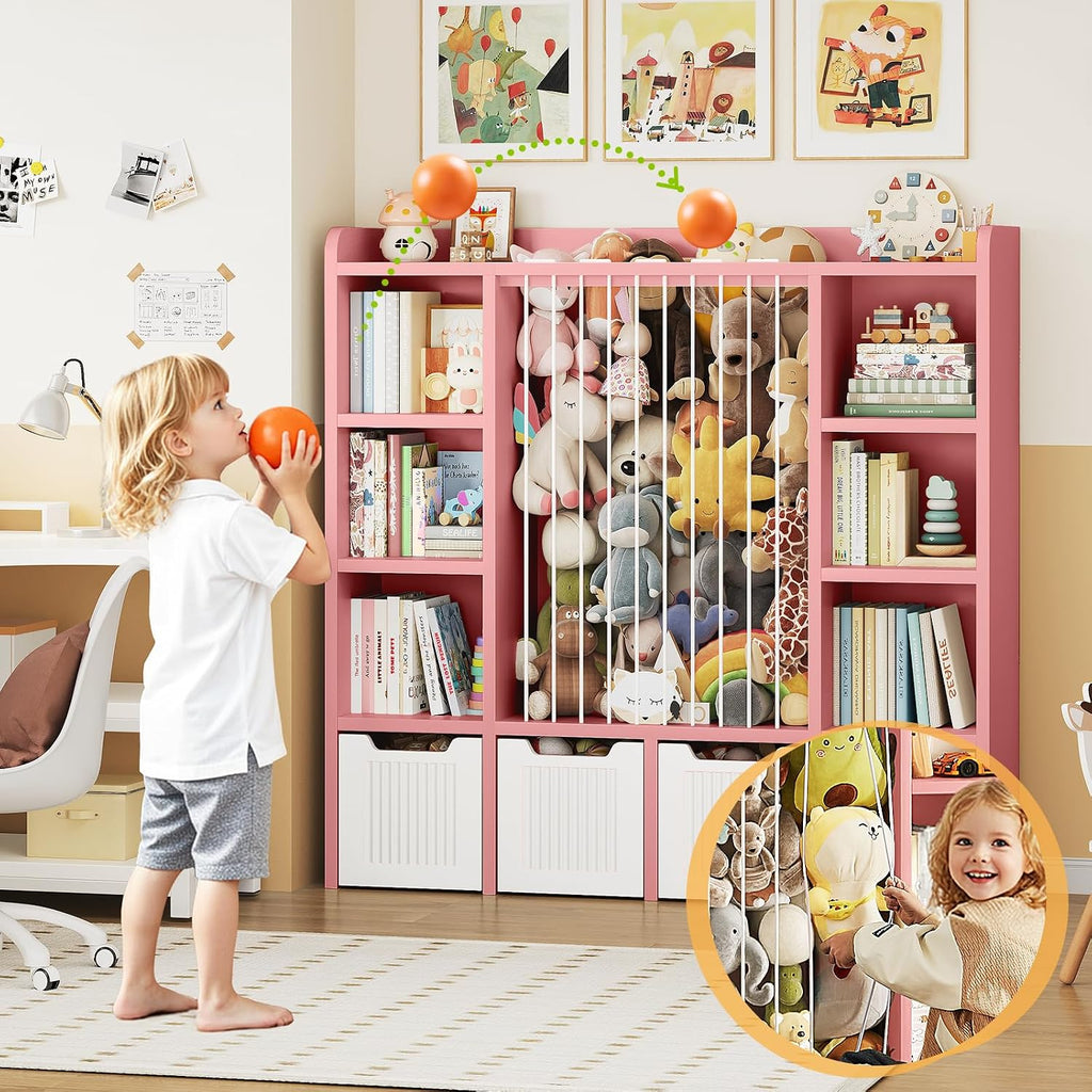 ONBRILL Toy Storage Organizer, Toddler Stuffed Animal Storage, Kids Toy Shelf with 6 Open Cubbies & 4 Movable Toy Chest, Bookshelf for Kids Room Playroom Bedroom Nursery (Pink)