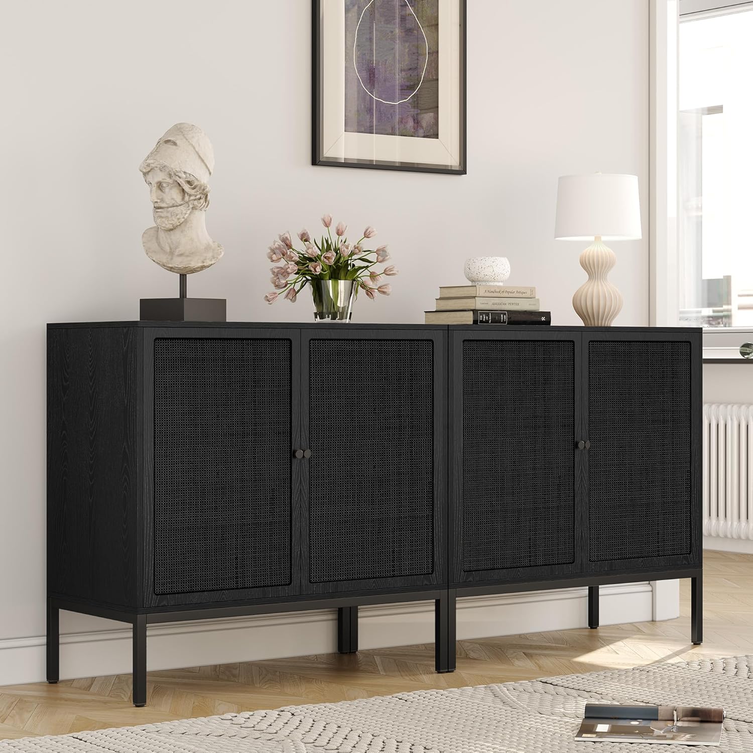Yechen Full Black Sideboard Buffet Cabinet with Painted Natural Rattan Doors, Boho Rattan Cabinet, Accent Credenza Liquor Cabinet, for Living Room Entryway Kitchen, Metal Legs