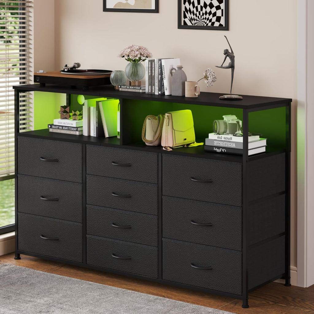 Unionly 55W 10-Drawers Dresser with 2 Open Storage Shelves, TV Stand Dresser for 55,65 inch TV，with Power Outlets and LED Lights, Fabric Dressers Drawers for Bedroom, Living Room (Black)