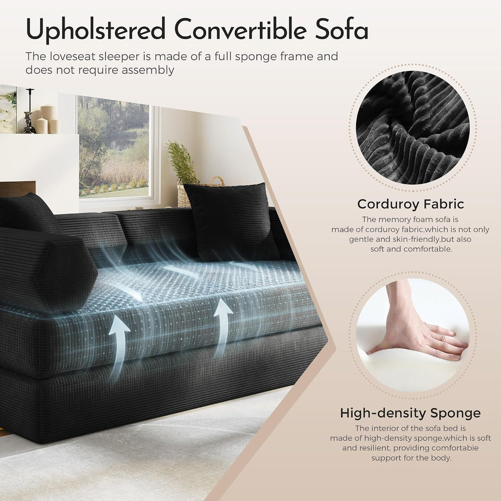 79'' Convertible Sofa Bed, 5-in-1 Folding Sleeper Couch with Pull Out Bed, Corduroy Modular Floor Sofa, No Assembly Space Saving Guest Bed for Living Room Apartment Bedroom (Black)