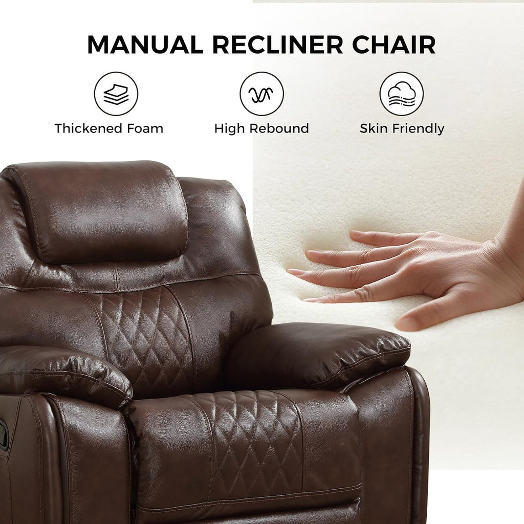 EBELLO Genuine Leather Recliner Chair, Manual Overstuffed Reclining Sofa for Adults with Comfortable Armrest and Backrest, Single Couch for Living Room, Dark Brown