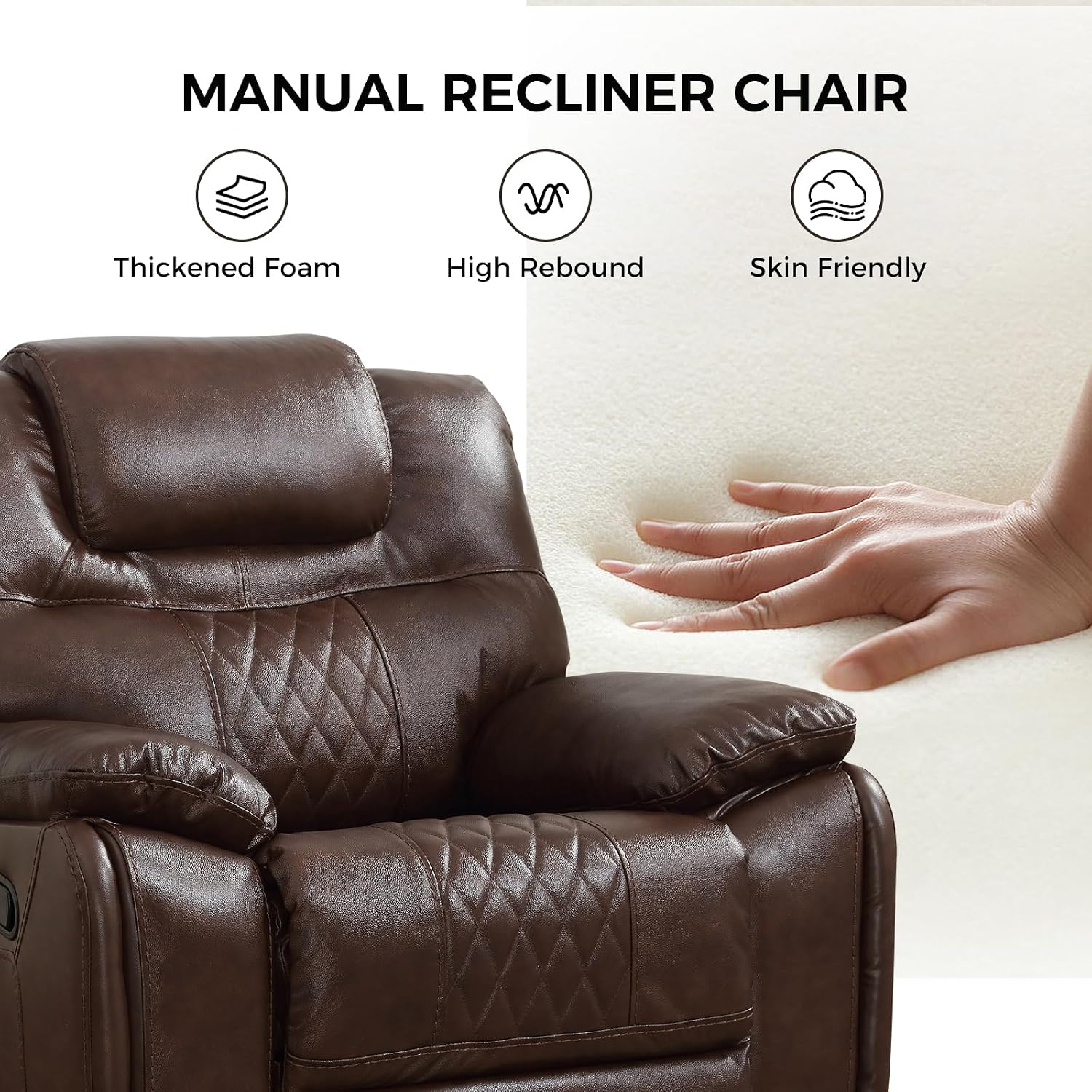 EBELLO Genuine Leather Recliner Chair, Manual Overstuffed Reclining Sofa for Adults with Comfortable Armrest and Backrest, Single Couch for Living Room, Dark Brown