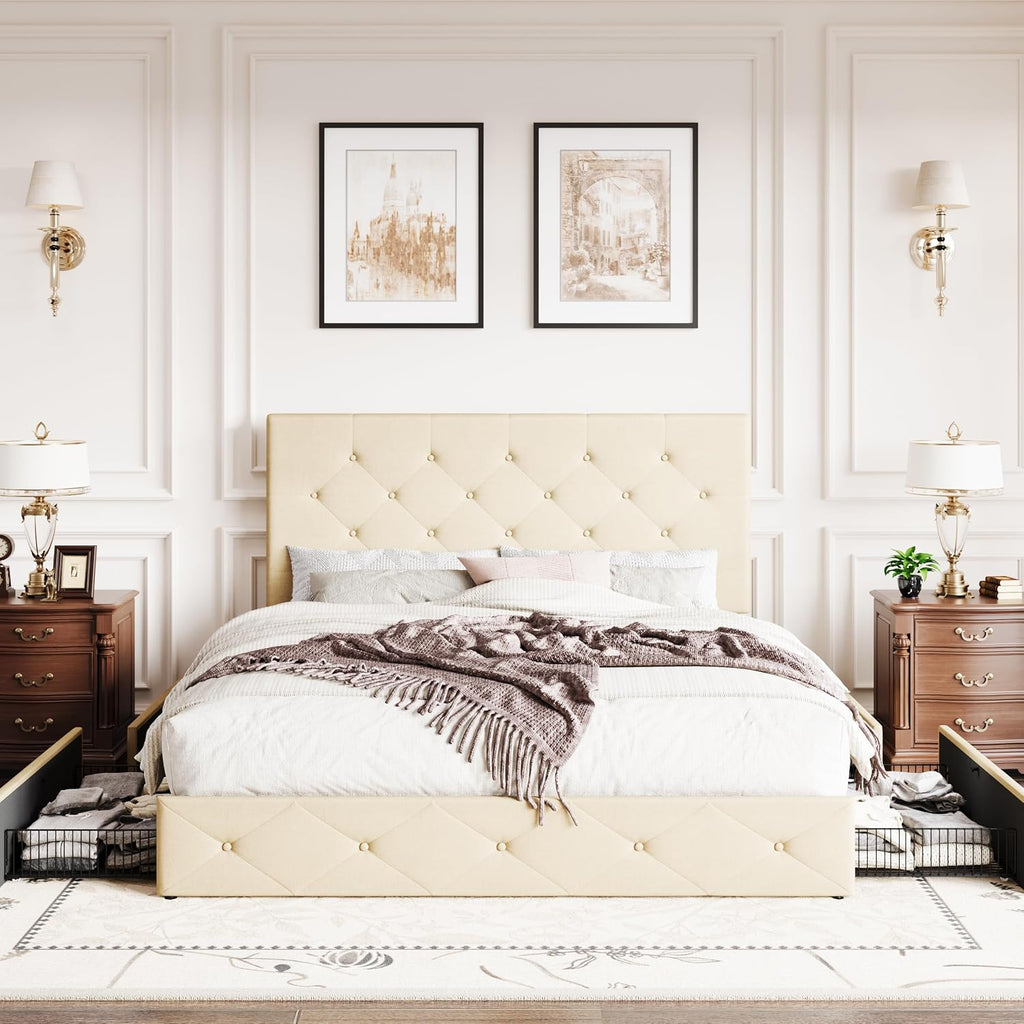 SHA CERLIN Upholstered Full Size Platform Bed Frame with 4 Storage Drawers, Adjustable Headboard with Diamond Stitched Button Tufted Design, Wooden Slat Support, No Box Spring Needed, Beige