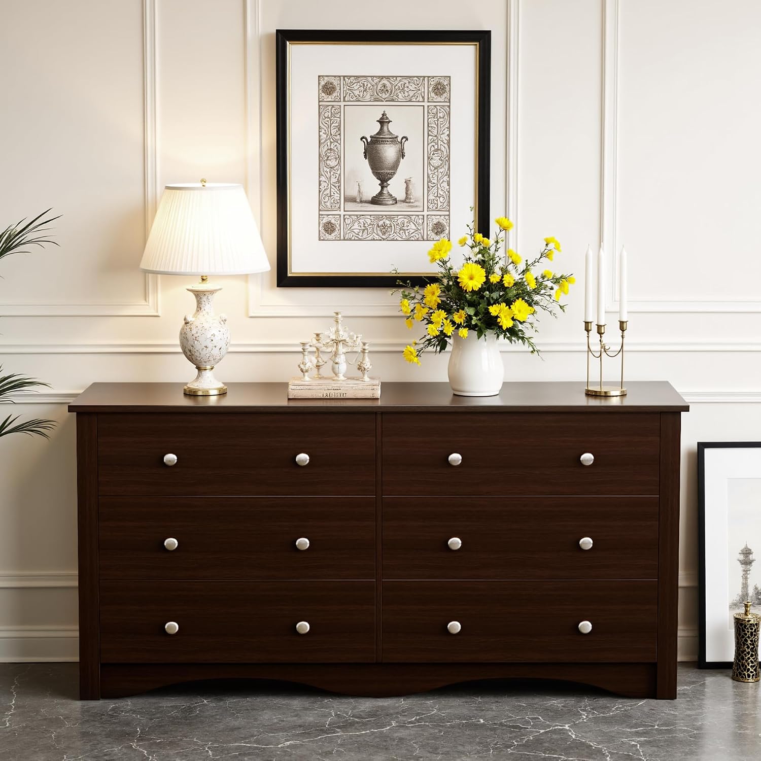 JUMMICO Dresser for Bedroom, 6 Wood Dresser Drawers, Wide Chest of Drawers, Storage Tower Unit, Modern Design for Bedroom, Living Room, Hallway, Entryway (Dark Brown)