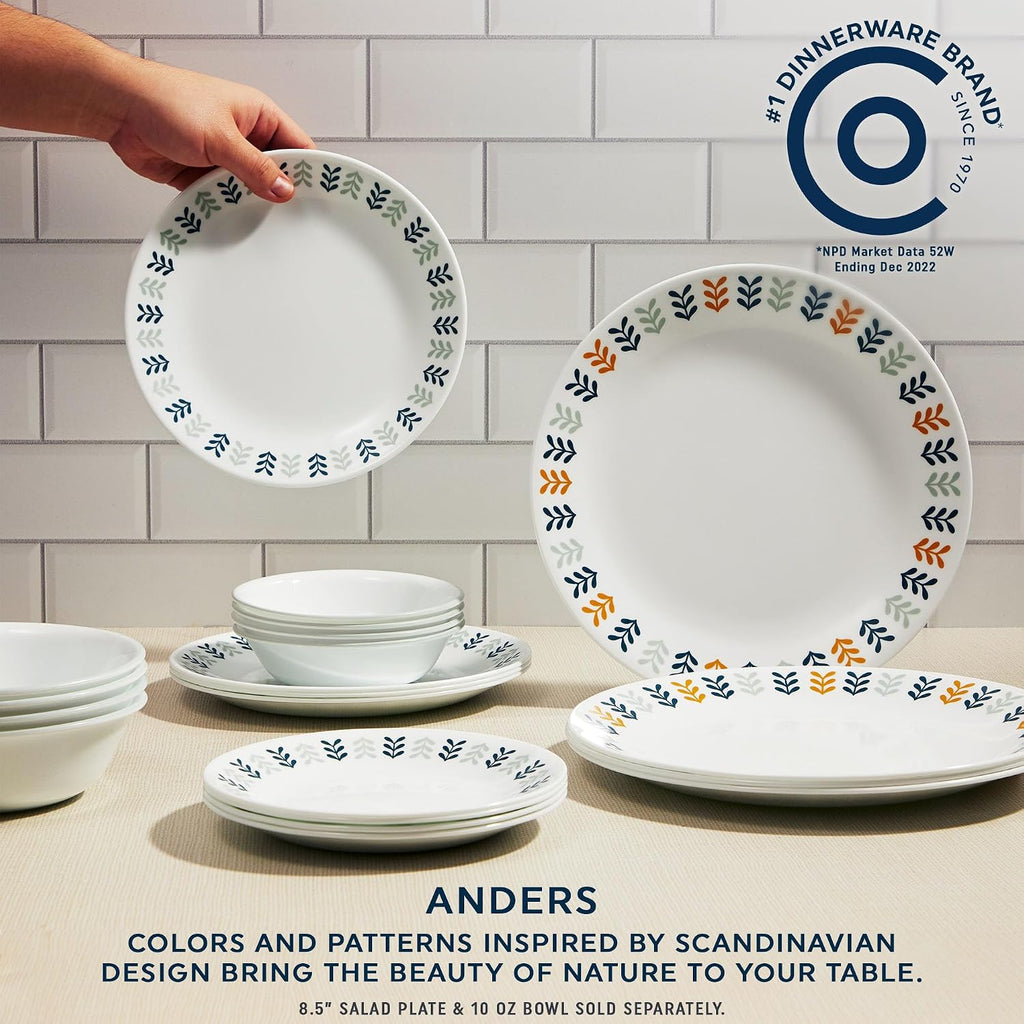 Corelle Vitrelle 18 Piece Glass Dinnerware Sets Service for 6, Triple Layer Chip & Crack Resistant Glass Plate and Bowl Sets, Anders