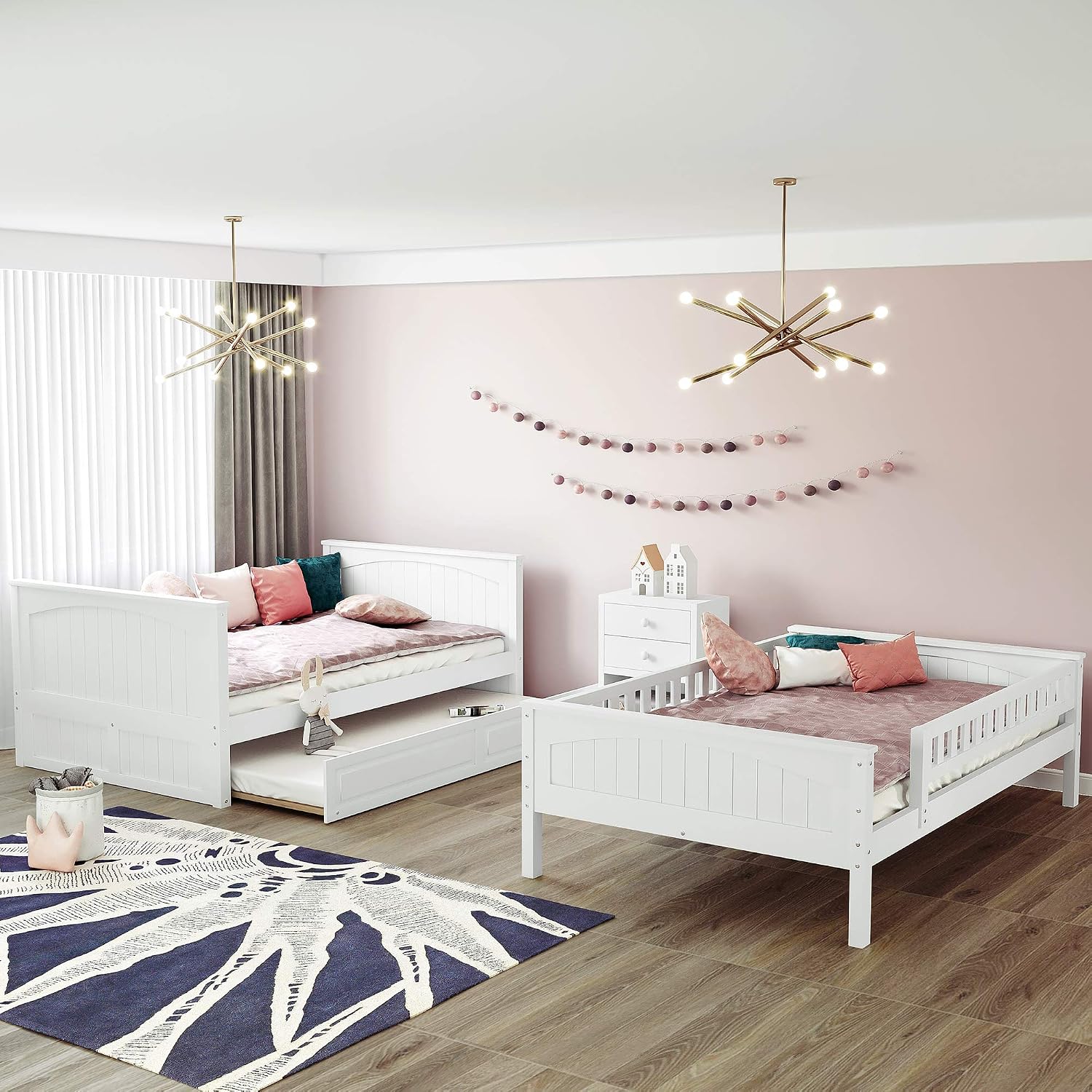 SOFTSEA Full Over Full Bunk Bed with Trundle for 3, Wood Bunk Beds with Trundle for Kids Teens, Divided Into Two Separate Full Beds, Space Saving, No Box Spring Needed, White
