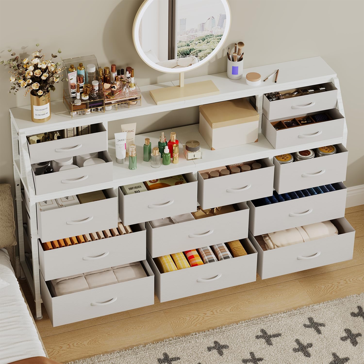 Dresser for Bedroom, 55' TV Stand with 14 Drawers, Long Dresser & Chests of Drawers with Shelves & Sturdy Metal Frame & Wood Top (White)