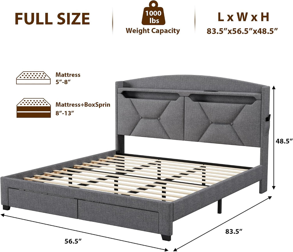 Full Bed Frame with Storage Headboard, Upholstered LED Bed Frame with 2 Storage Drawers Charging Station,Wood Slats Support, No Box Spring Needed, Noise Free, Grey