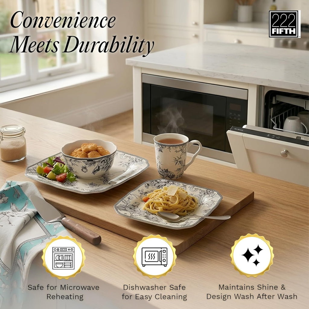 222 Fifth Adelaide Grey 16-Piece Floral Porcelain Dinnerware Set | Microwave and Dishwasher Safe Dining Set for 4 | Stackable and Chip-Resistant Plates Bowls and Cups | Gift for Housewarming & Wedding