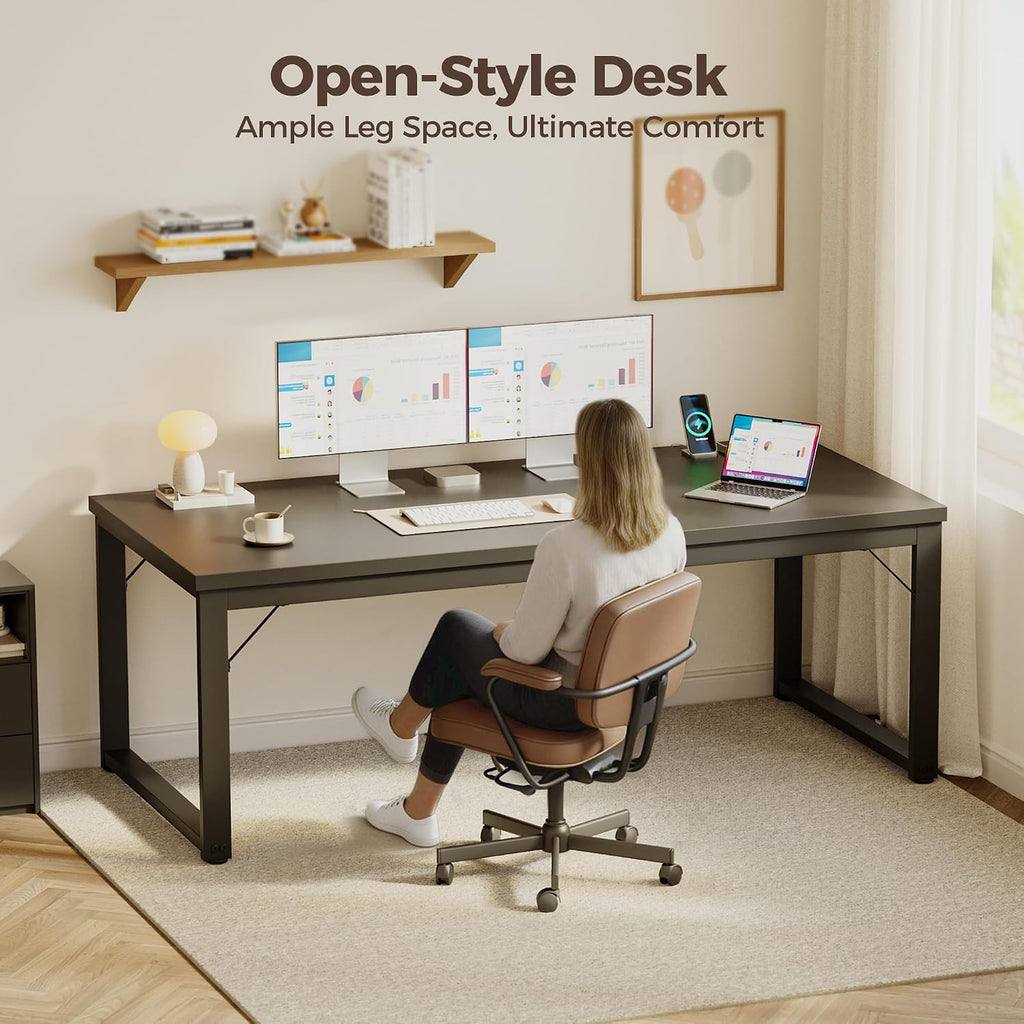 Mericonia 54 Inch Computer Desk with Power Outlets, 1.2' Thick Heavy Duty Industrial Office Desk, Modern Simple Study Writing Table for Home Office Bedroom Workstation, Black