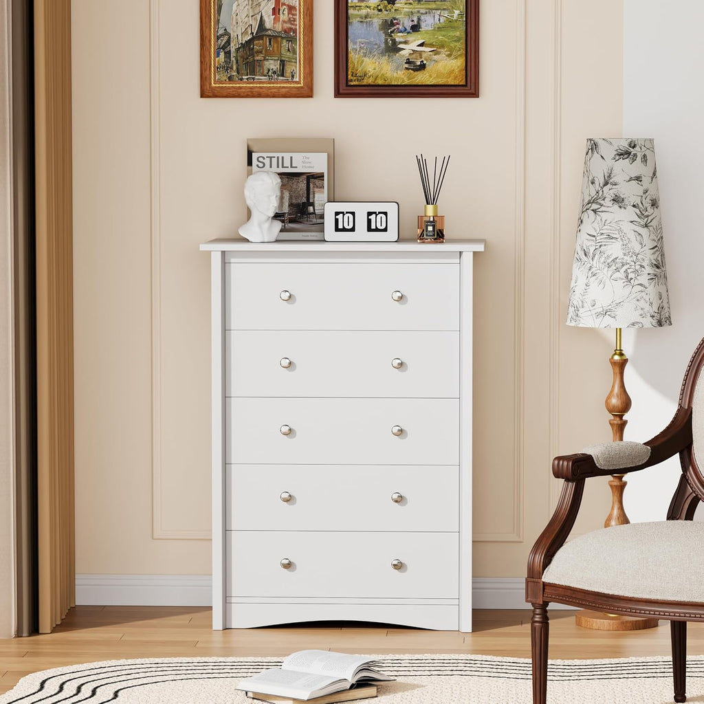 YESHOMY Tall Dresser for Bedroom with 5 Drawers, Modern Chest of Drawers, Wooden Dressers, TV Stand for Living Room,Closet, Hallway (White)