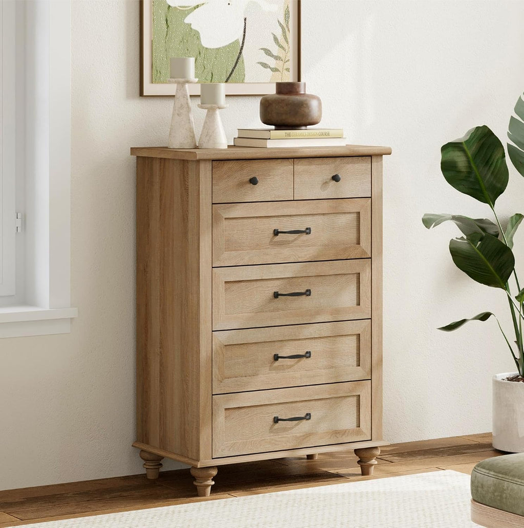 WAMPAT Oak Dresser for Bedroom with 5 Drawers, Tall Kids Dressers with Chest of Drawers, Farmhouse Light Wood Storage Organizer, Samll Dressers for Living Room, Nursery, Hallway