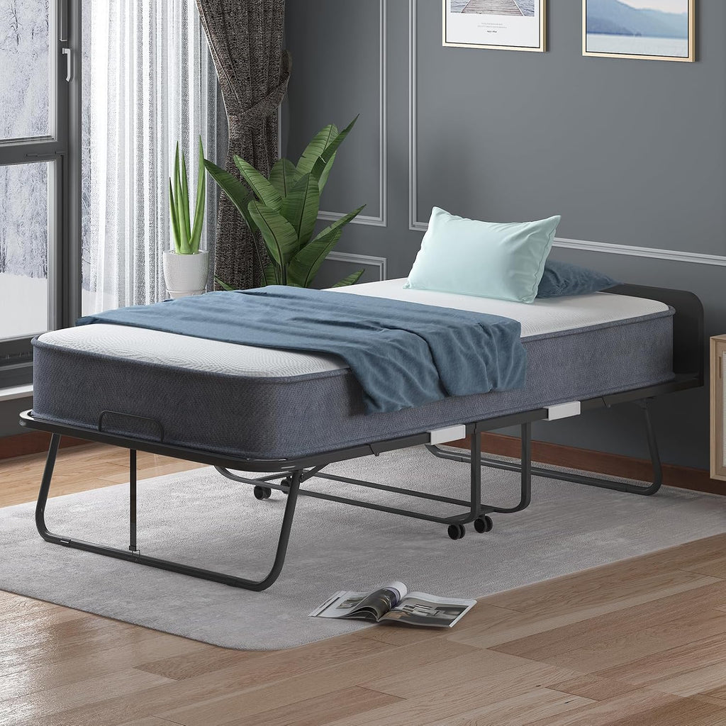PUREMIND Folding Bed with 5' Mattress for Adults, Twin Size Rollaway Bed with Foam Mattress, Portable Foldable Guest Beds - Sturdy Metal Frame & Dustproof Bag, Hideaway, 75' x 31'