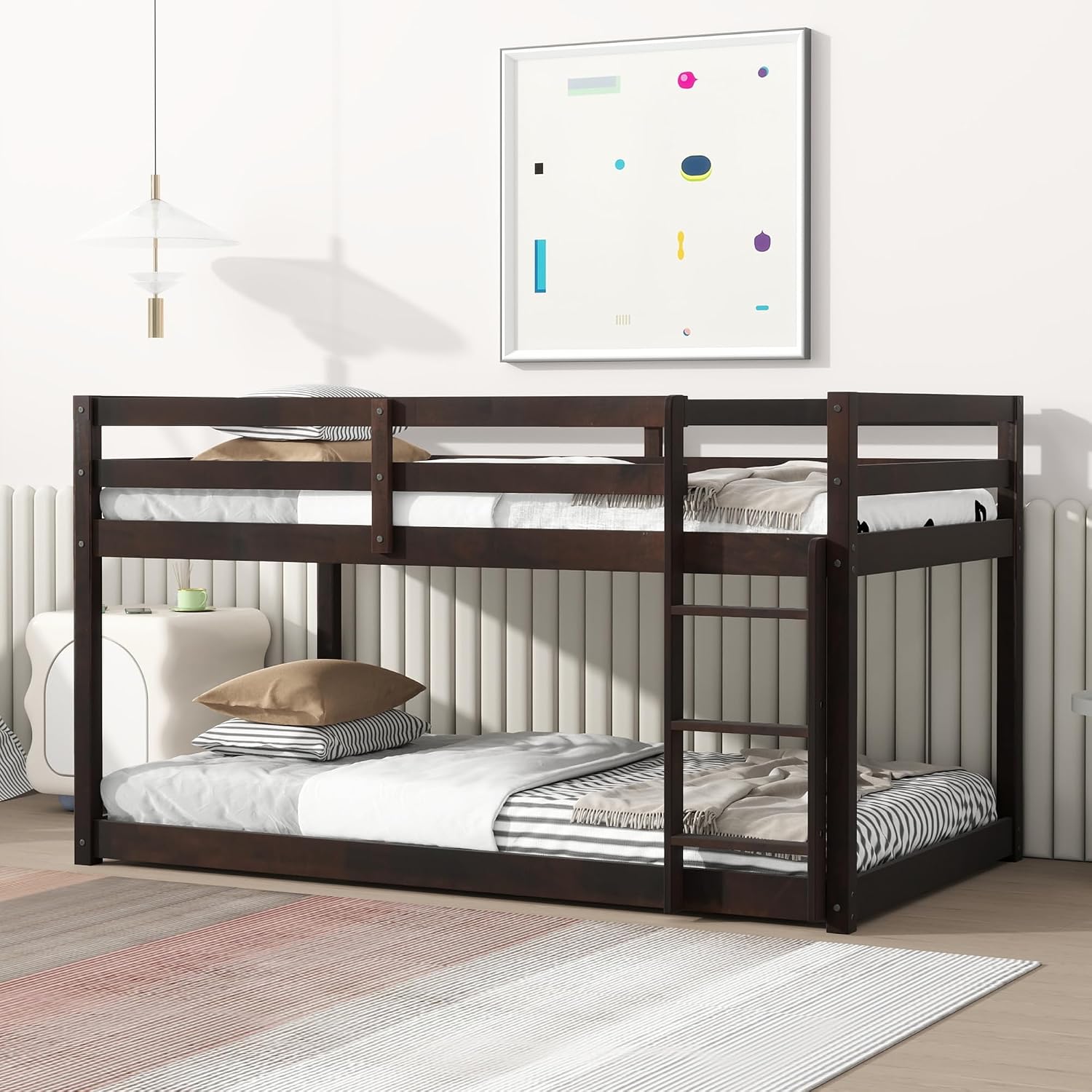 Ball & Cast Solid Rubber Wooden Twin Over Twin Bunk Bed with Ladder and Full Length Guardrail,Low Bunkbed w/Slat Support,Bedroom Furniture for Girls Boys,Espresso