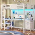 ADORNEVE Loft Bed Twin Size with L-Shaped Desk, LED Lights,Charging Station, Twin Metal Loft Bed Frame with Fabric Drawers & Shelve, 13.4' H Safety Guardrail, No Box Spring Needed, White